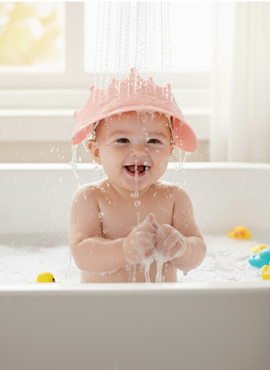 Baby in a bathtub with a pink shower cap, surrounded by rubber ducks.