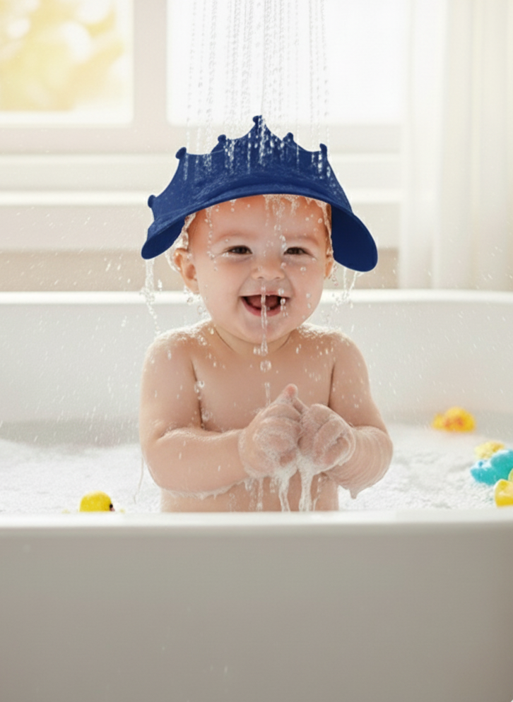 Baby in a bathtub with a blue cap, surrounded by yellow rubber ducks.