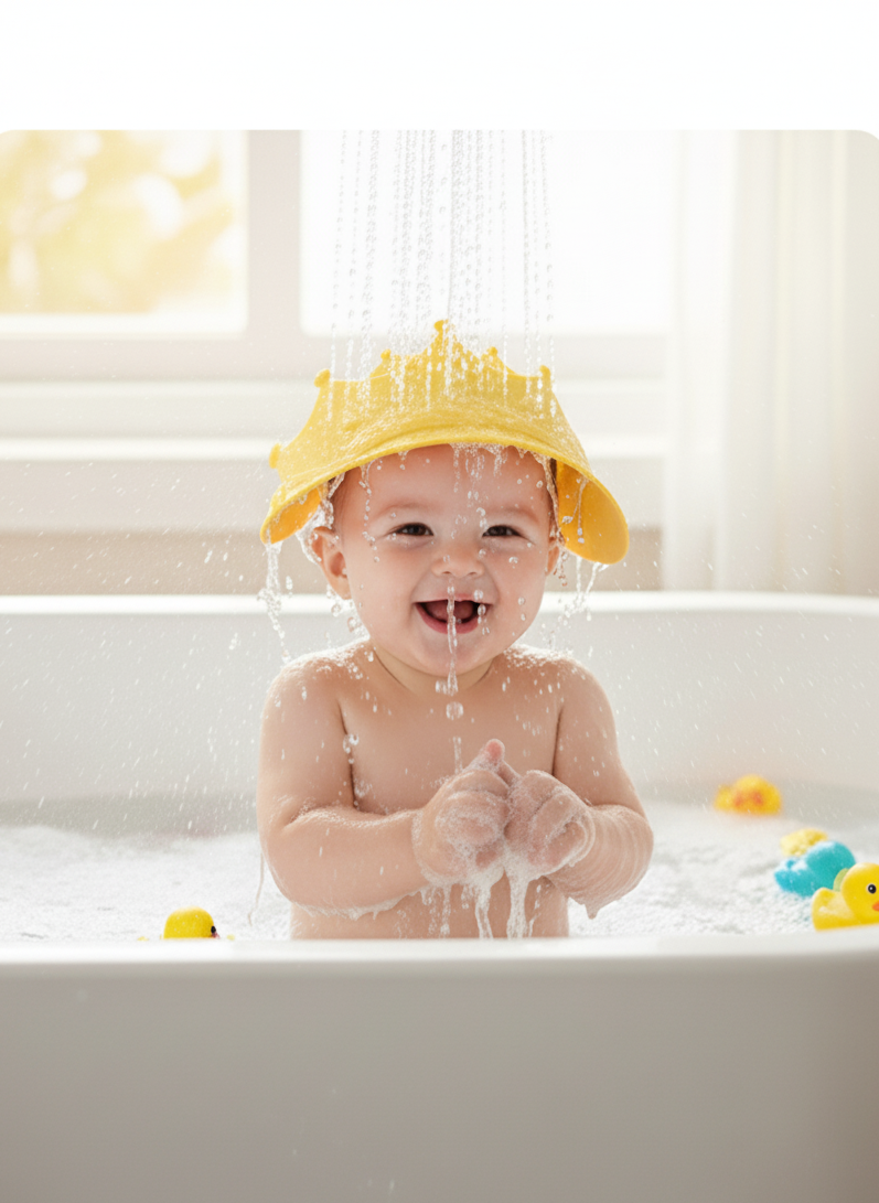 Baby in a bathtub with a yellow bath hat, surrounded by rubber ducks.